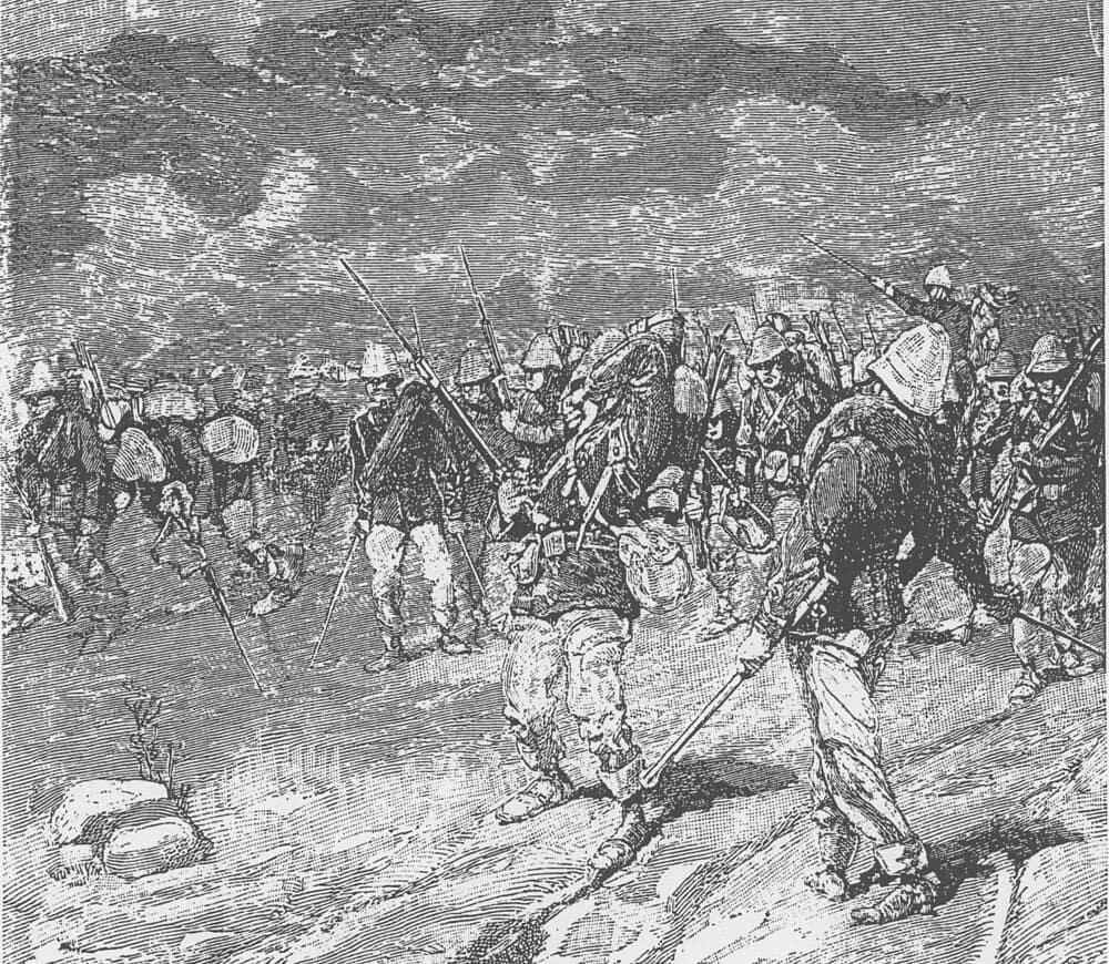 Marines of the Mahias Battalion assault the formidable Black Flag defences at Hoa Moc, 2 March 1885
