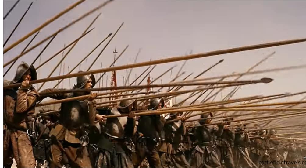 The Spanish Tercio prepares for the 'pike push' against the French pike formations at Rocroi (1643). screenshot from the 2006 movie Alatriste