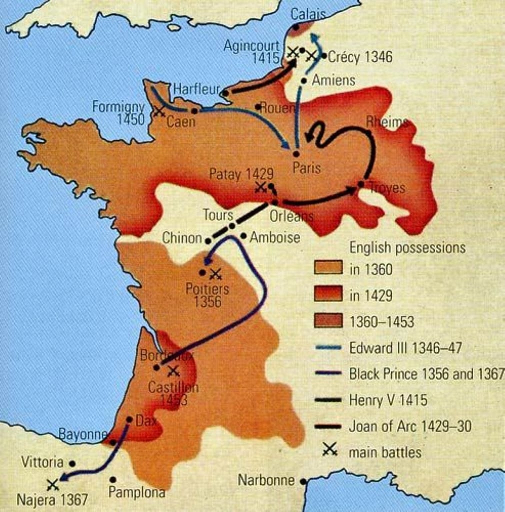 Henry V dramatically expanded the English possessions in France after Agincourt. From about 1429 onwards teh French began to rollback the English conquests and were ultimately victorious by 1453.