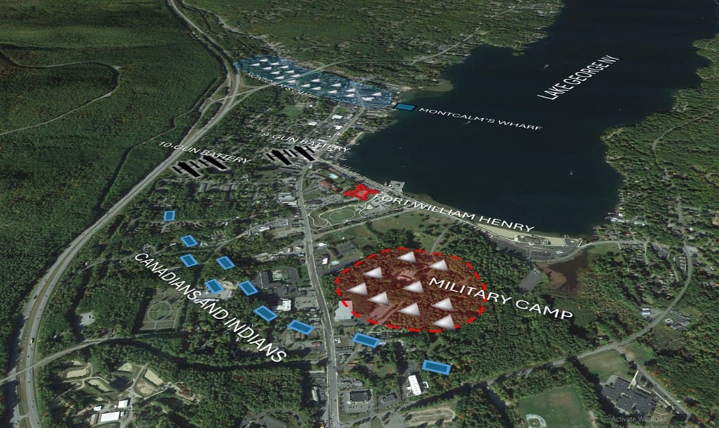 Siege of Fort William Henry - oblique view. Key locations overlaid on the modern Lake George area.