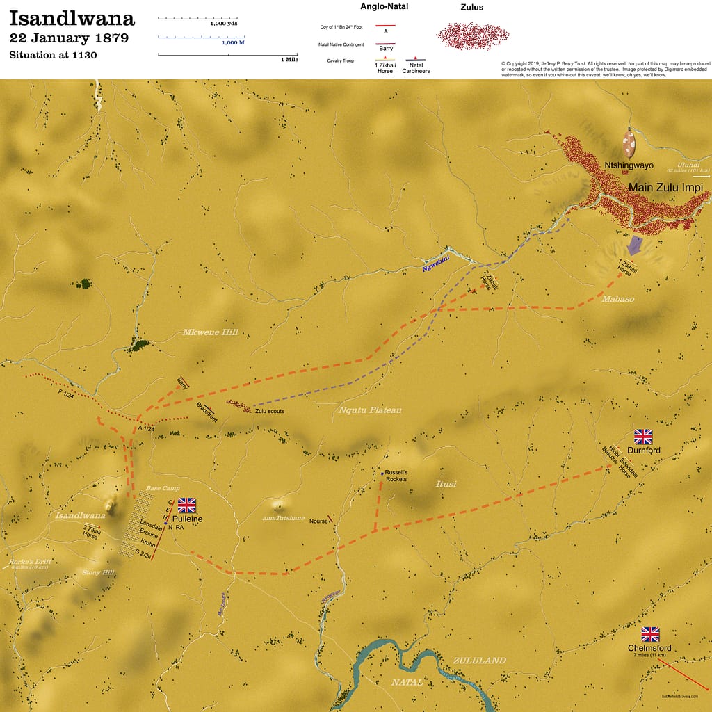 Isandlwana - situation at about 11:30 hours. Map used with permission of Jeffery P. Berry. https://obscurebattles.blogspot.com/2019/02/isandlwana-1879.html