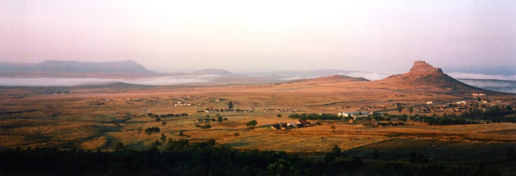 View of the Isandlwana battlefield from Nyoni Ridge. The Zulu 'Chest' crested the ridge about here during the attack on 22 January 1879 (from my 2000 visit)