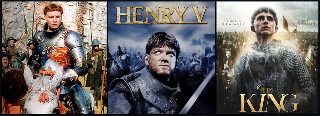 Henry V played by Sir Lawrence Olivier in 1944, Sir Kenneth Branagh in 1989, and Timothy Chalamet in 2019.