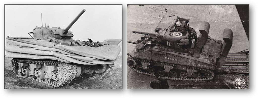 Left: Duplex Drive Sherman tank with the curtain lowered. For swimming, the canvas curtain was raised and the propeller-drive used to drive the tank. Right: Sherman tank fitted with wading snorkel. These were able to land in shallow water close to the beach.