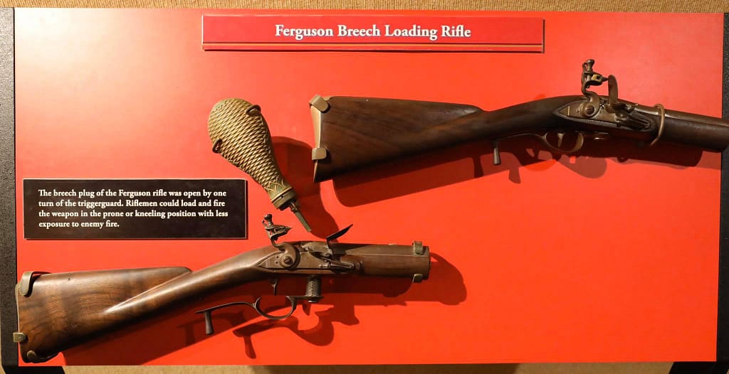 The famous Ferguson breech-loading rifle, invented by Patrick Ferguson. The breech opens with a rapid-thread by rotating the lever. Ball and powder in cartridge form are loaded from the breech, then the breech is closed. Add a small measure of powder into the pan, close the frizzen, hammer to full cock. Away you go!
