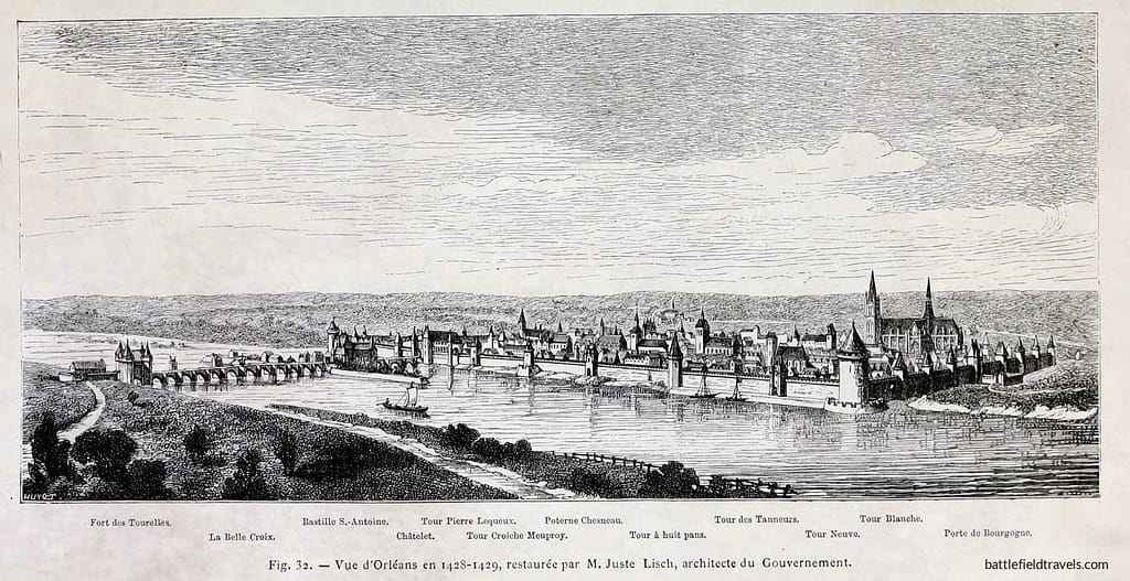 Orleans in 1429 showing the bridge across the Loire, and the Tourelles citadel on the south bank.