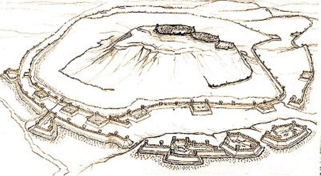 Diagram of Alesia showing the fortified Gaul camp on the top, and the Roman siegeworks - circumvallation facing inwards and contravallation facing outwards.