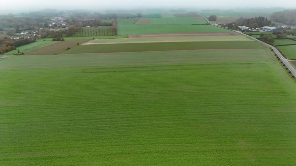 Aerial view north over the battlefield. Azincourt on the left, Tramecourt on the right. Still remnants of the forests that defined the battlefield. The English Army faced this way and most of the fighting was just beyond that lighter coloured field halfway along