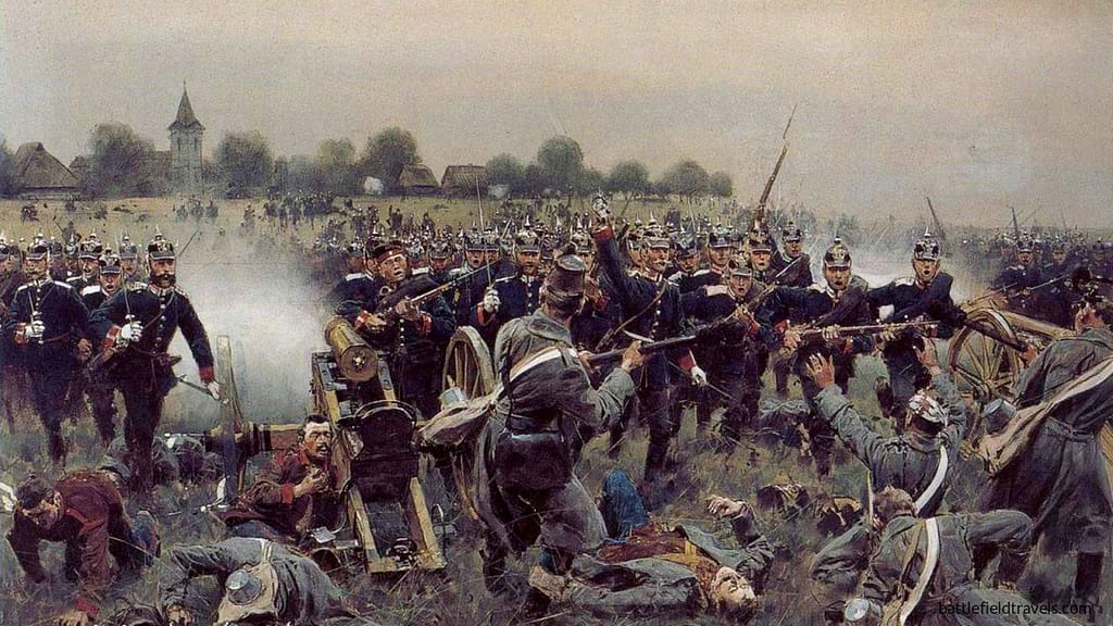 'The Battery of the Dead’ by Carl Röchling. The Prussian Guard overruns Captain August von der Groeben’s battery on the heights of Chlum, Battle of Königgrätz, afternoon of 3 July 1866.
