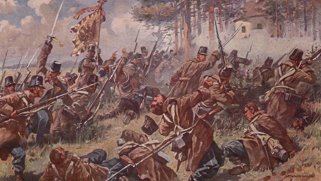 Infanterie-Regiment Nr. 1 "Kaiser Franz Josef I" during their bloody frontal bayonet assault ("Sturm") on the Kapellenberg (Chapel Hill) at Tratenau.