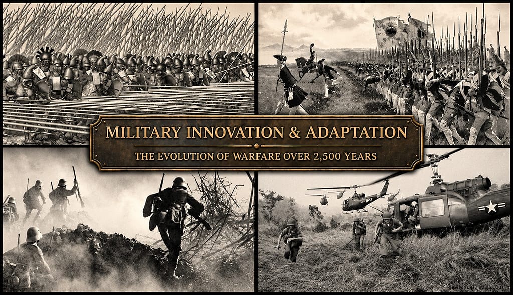 Tactical innovations in warfare. Clockwise from top left: the Greek Phalanx, eighteenth-century linear firepower tactics, Vietnam War helicopter-borne airmobile operations, First World War German infiltration tactics,