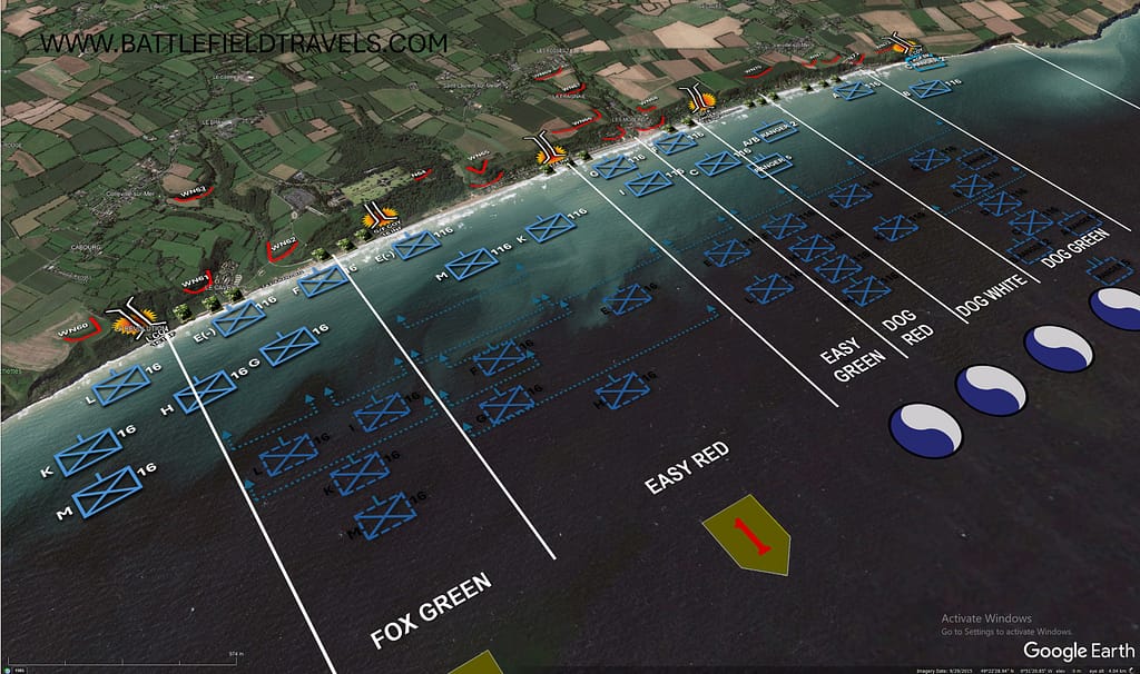 SItes of the major breakthroughs at (from left to right): L/16 breakthrough at FOX-1 Exit, F & G /16 breakthrough between EASY-1 and EASY-3, 116 Inf breakthrough at EASY RED/EASY GREEN, Brigadier-General Cota with 5th Rangers and 116 Inf at DOG WHITE, and C Company 2nd Rangers at Vierville