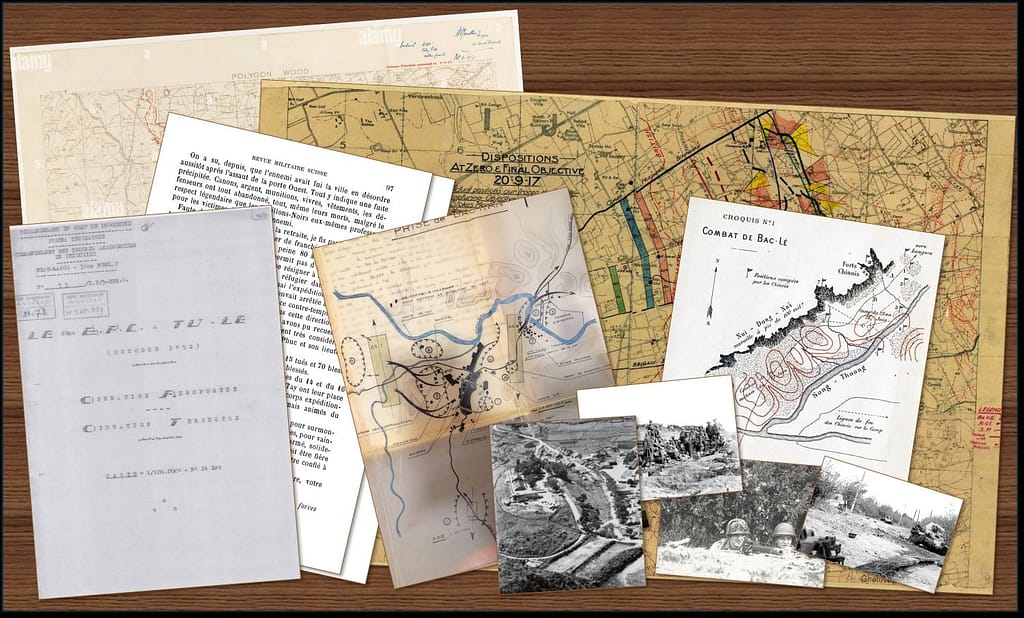Primary source documents: WW1 trench maps of Polygon Wood and Menin Road, 6th Colonial Paras After Action Report for Tu Le, Admiral Courbet's After Action Report on the 1883 Son Tay Campaign, Operational overlay for the parachute drop on Bac Kan 7 October 1947, Capitaine Lecomte's sketch of the 1884 Bac Le Ambush site. Battlefield images: Dong Khe, Polygon Wood, Bloody Gulch, La Fiere Bridge.