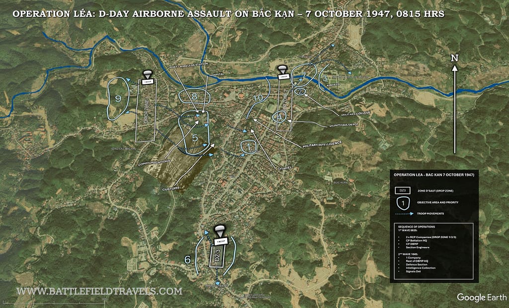 Operation LÉA, Airborne assault on Bắc Kạn. This diagram depicts the operational graphics superimposed over the real-world terrain