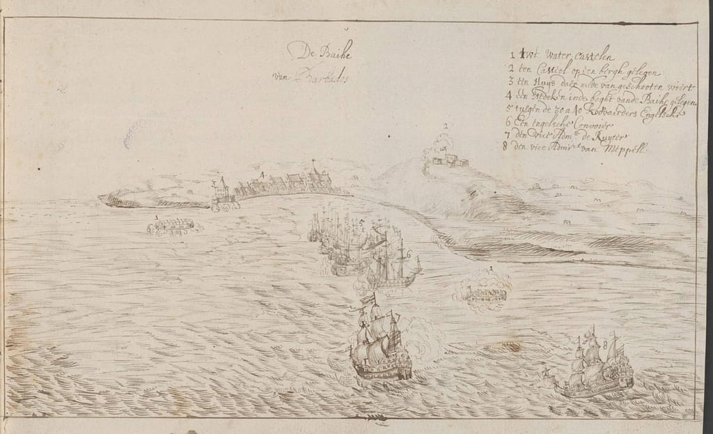 Battle of Barbados Bay, 30 April 1665, from a pencil sketch by Reynoud Borremans, a Dutch sailor who was aboard the 'Utrecht' during the battle. Charles Fort is marked "1. Water Castelen" in the right foreground. (Water Castle= a fort surrounded or partly surrounded by water)