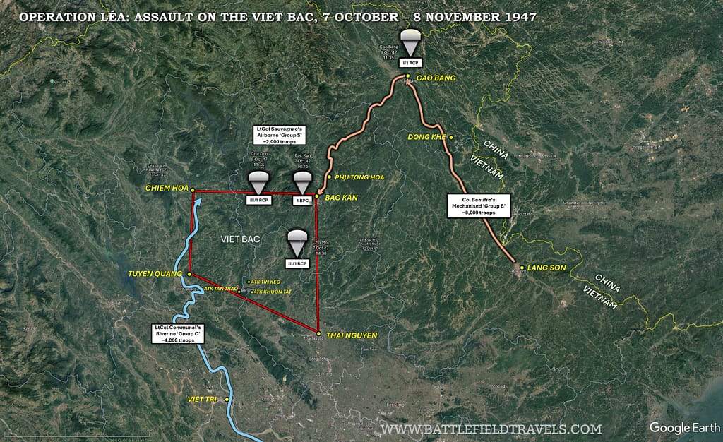 Operation LÉA overview showing the three-pronged assault - Colonel Sauvagnac's Airborne Group, Colonel Beaufre's Mechanised Group, and Colonel Communal's Riverine Group, all converging on the Việt Bắc