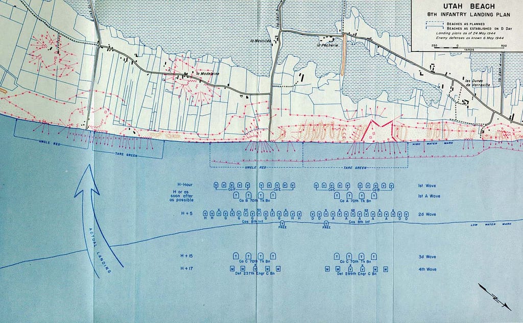 Utah Beach. Landing plan for the 1st assault wave, comprised of US 8th Infantry Regiment (Note the map is oriented facing southwest). Due to coastal currents and obscuration of the key landmarks, the 1st wave landed about 2,000 yards south of the intended site, as indicated by the blue arrow.