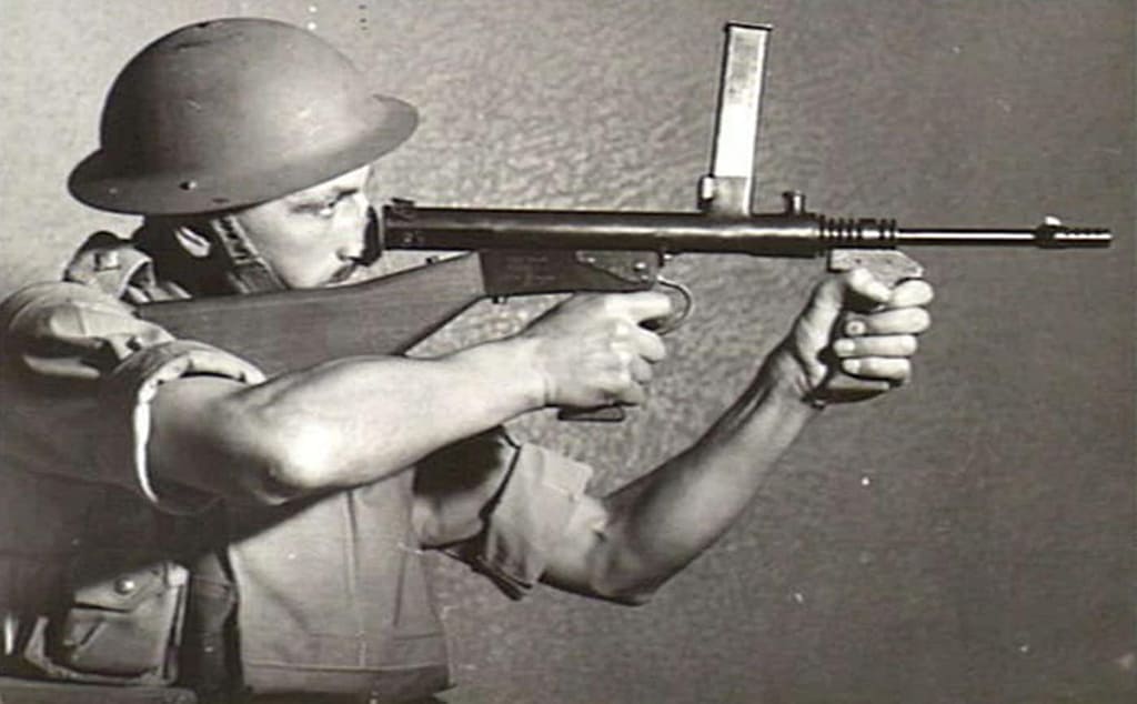 Owen submachine gun, a unique Australian design renowned for its ruggedness in Pacific jungle conditions.