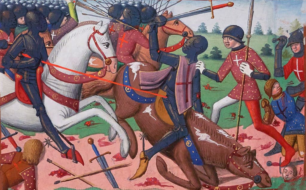 Medieval depiction of French cavalry riding down the English foot soldiers at the Battle of Patay