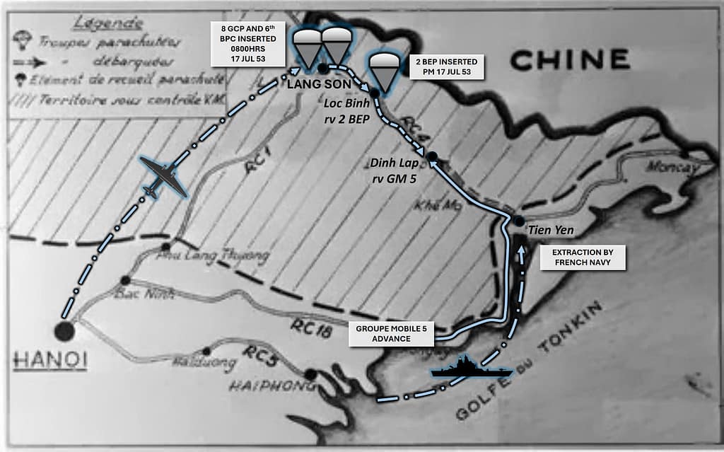 Original concept sketch for Op HIRONDELLE with annotations for clarity. Note the airborne drop on Lạng Sơn, the second airborne drop of 2 BEP on Lộc Bình, the advance of GM 5 to Đình Lập, and the extraction by sea supported by the French Navy