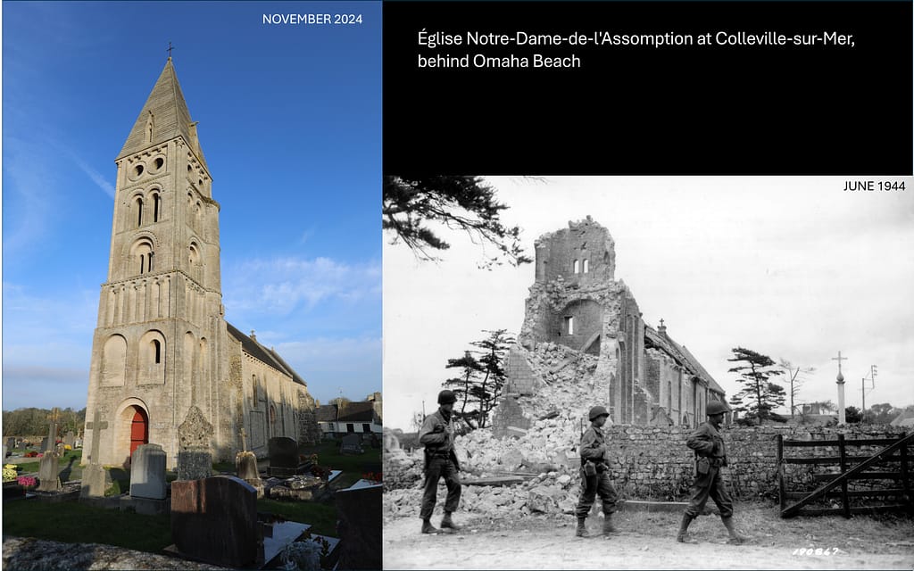 Omaha Beach. Colleville Cathedral - then and now