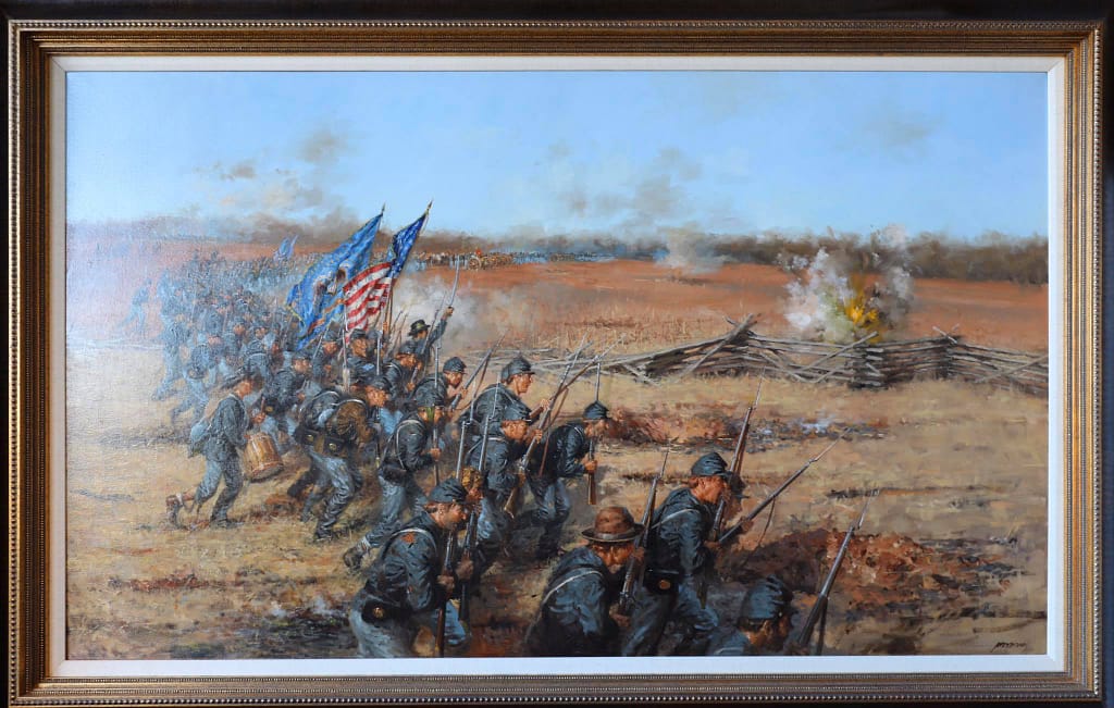 Painting of the Battle of Pea Ridge, Arkansas, 7-8 March 1862. Across this field, from left to right, 10,000 Union infantry attacked and drove off the Confederate army. Near Elkhorn Tavern