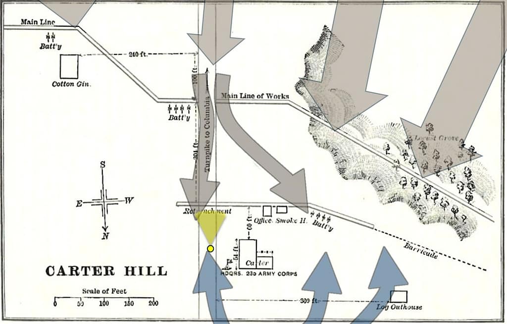 1864 Battle of Franklin - the angle in the Union Line and the killing zone between the Cotton Gin and the Columbia Turnpike. View from the Union side, south is up. From Jacob Cox, Battle of Franklin