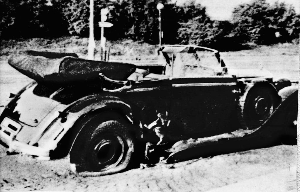 Operation ANTHROPOID. Heydrich's car, showing the damage done by Jan Kubiš' grenade. Horsehair from the car's upholstery penetrated Heydrich's body and ultimately initiated the septicemia that killed him.
