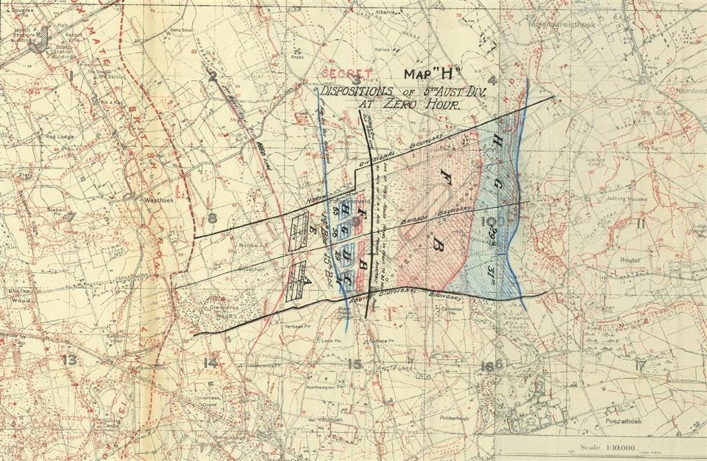 5th Australian Division battle map for Polygon Wood. The horse racing track in Polygon Wood is clearly visible. The map shows 14th Brigade on the left and 15th Brigade on the right in the assault. The red-shaded area shows the first objective and the blue-shaded area shows the second objective.