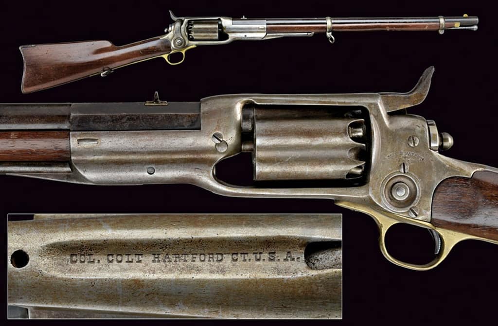 Colt's Model 1855 Revolving Rifle. Standard weapon of the Berdan Sharpshooters until replaced by the M1859 Sharps Rifle. Image Czerny's International Auction House.