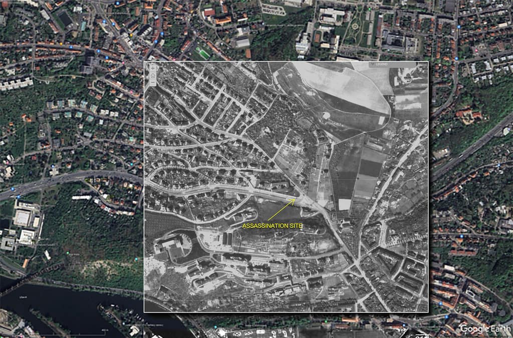 This image is a Google Earth screen capture of Prague's northern suburbs, overlaid with a 1942-43 black & white image from Allied Bomber Command aerial photos of Prague, drawn from https://iprpraha.maps.arcgis.com/