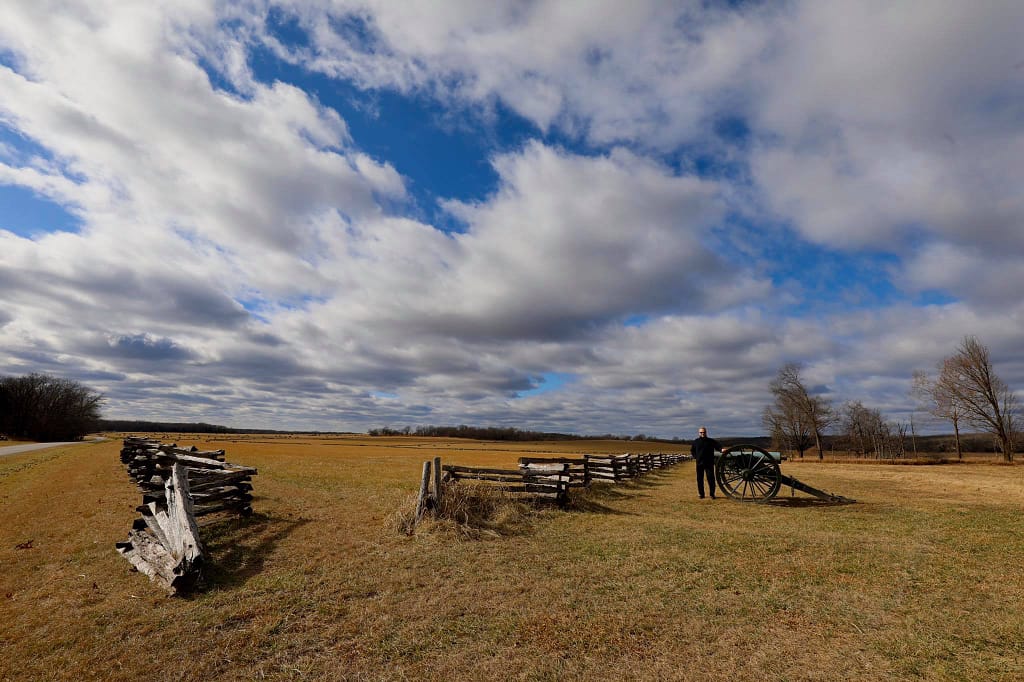 Battle of Pea Ridge Arkansas March 7-8 1862. Across this field, from left to right, Union artillery neutralised the Confederate guns and 10.000 Union infantry attacked and drove off the Confederate army. Near Elkhorn Tavern