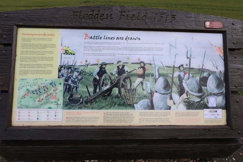 An interpretive marker shows some of the equipment being used at the battle
