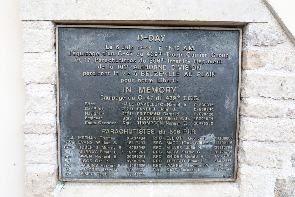 Currahee Memorial, marking the location where a C-47 Dakota carrying elements of Easy COmpany 2-506 PIR crashed after being shot down during the airborne drop. The Easy Company commander - Lieutenant Thomas Meehan and 16 other paratroopers were killed, along with the five-man crew. This incident is depicted in HBO's 'Band of Brothers'.