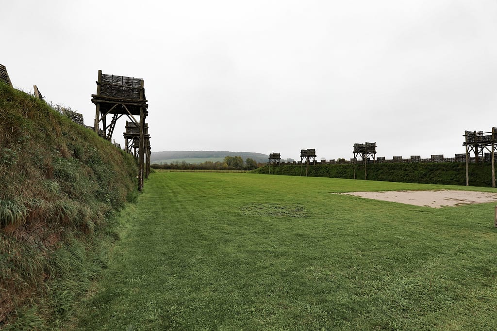 910A8204 Recreation of the Roman siegeworks at Alesia. Constructed as described by Caesar in Commentarii de Bello Gallico