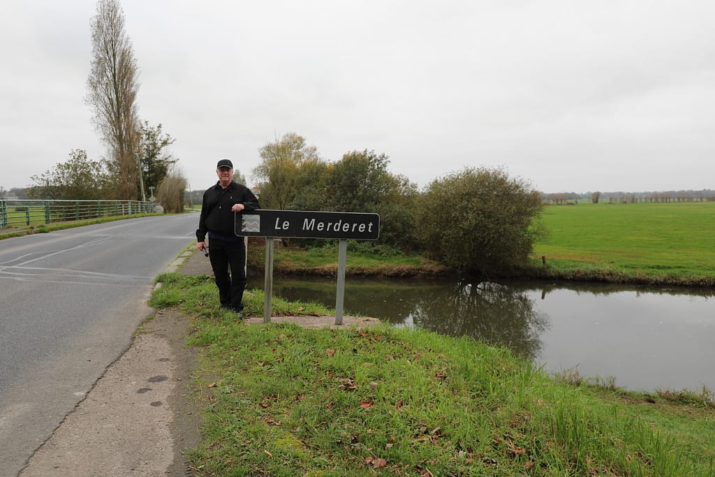 Chef-du-Pont bridge over the Merderet River. View from the American-held eastern bank. The green area behind me was flooded in 1944, with the built-up road forming a causeway to the west bank. German troops were dug in along the causeway and inflicted many casualties on the Americans trying to capture this bridge.