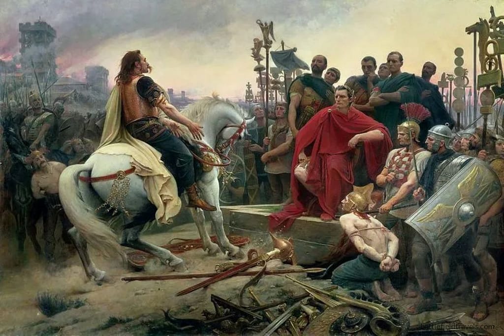 Vercingetorix surrendered willingly to Caesar following defeat at Alesia. Dramatic depictions of his surrender were inspired by an account by Plutarch. After being imprisoned for over five years, he was ceremonially killed in Rome.