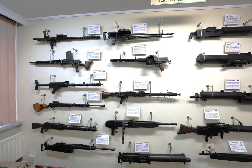 Display of many rare machine guns from around the world at the Lithgow Small Arms Factory Museum