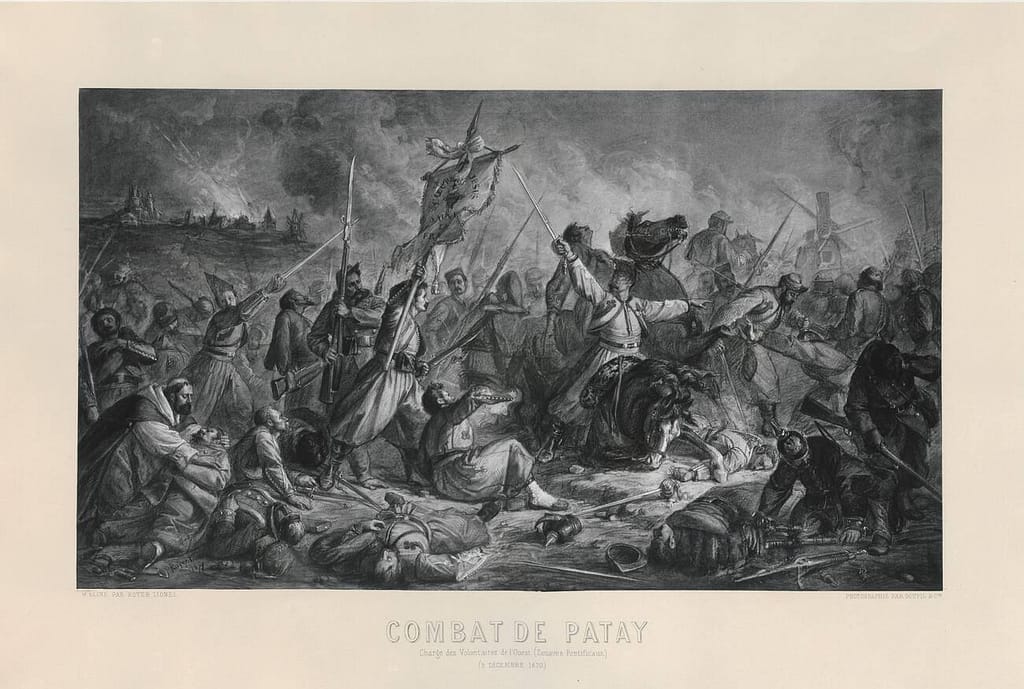 The Battle of Loigny, 2 December 1870. The artist has tapped into the symbolism of the Battle of Patay with a Jeanne d'Arc-style banner, and titling the battle 'Patay' rather than 'Loigny'