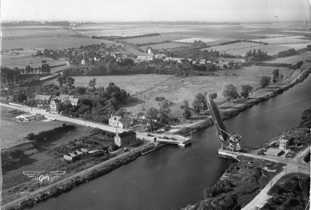 Pegasus Bridge - Aerial photo of the Caen Canal Bridge raised for river traffic, early 1944