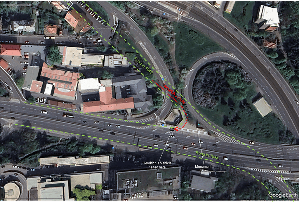 By matching WW2 Allied Bomber Command aerial photos with current 2024 aerial photos, I was able to pinpoint the exact location, within a metre or so, of Heydrich's vehicle when it was halted by the Czech operatives. Note that the roads have been altered over time, so the corner you see in the 1942 photos of the destroyed vehicle is no longer there. The slider below compares the 1942 image with the 2024 image.