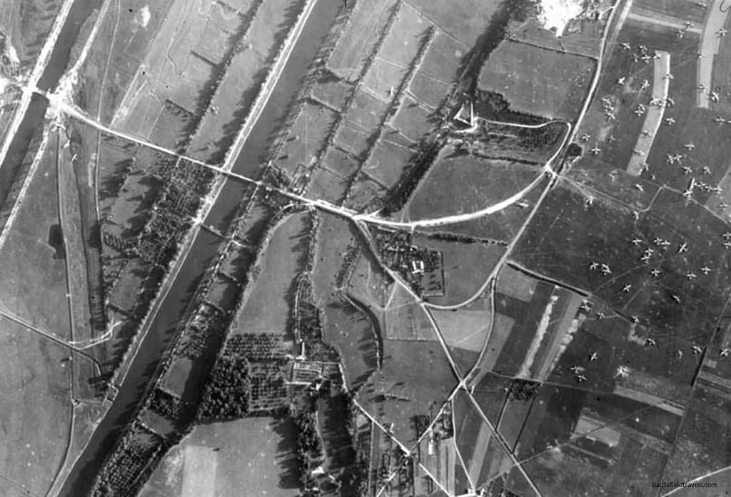 June 1944. Pegasus Bridge at left, then Ranville Bridge wth Glider No. 6. 6 Abn Div Landing Zone