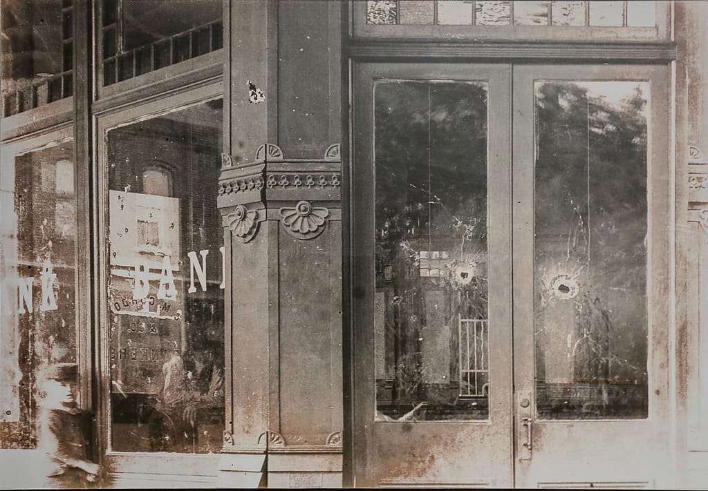 Condon & Co Bank after the Dalton Gang shootout - more than 300 bullet holes in this building alone.