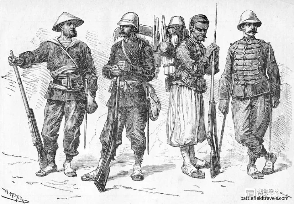 Troops of the Tonkin Expeditionary Corps. L to R: Naval Fusilier, Marine Infantryman: Turco (North African Tirailleur), Marine Artilleryman. Illustration by Henri Meyer