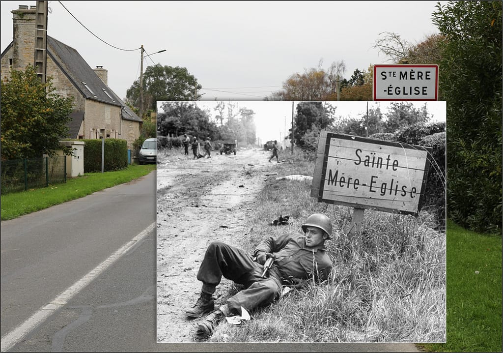 Then and now - 1944 and 2024. An American paratrooper on the southern entry into Sainte-Mere Eglise