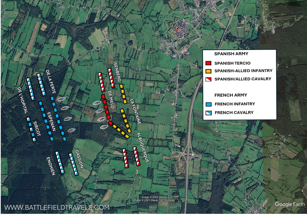 Battle of Rocroi. Initial deployments of the armies southwest of Rocroi fortress.
