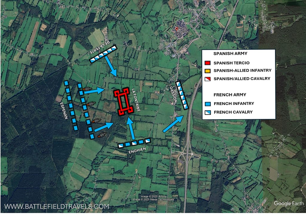 Battle of Rocroi. With its cavalry and most of the allied forces driven from the field, the Spanish Tercios under La Fontaine now formed a great Tercio to defend against the French attacks from all sides