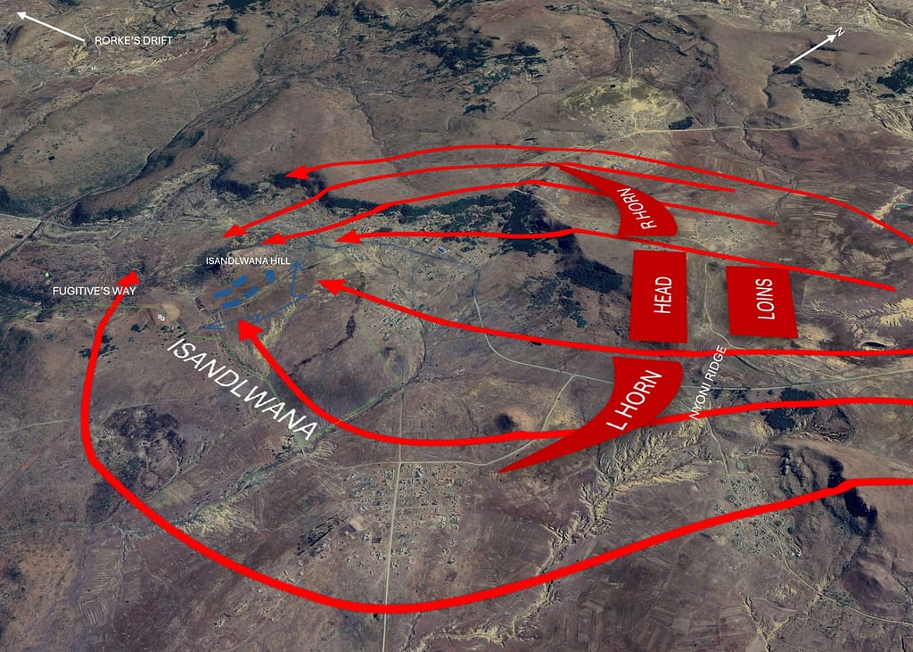 Diagram of the Zulu attack against the British forces at Isandlwana