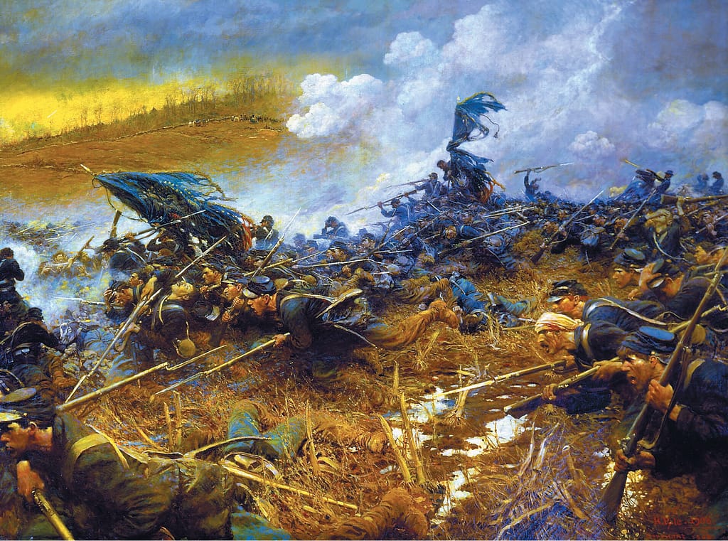 Battle of Nashville, Union assault on Shy’s Hill,. Painting by Howard Pyle