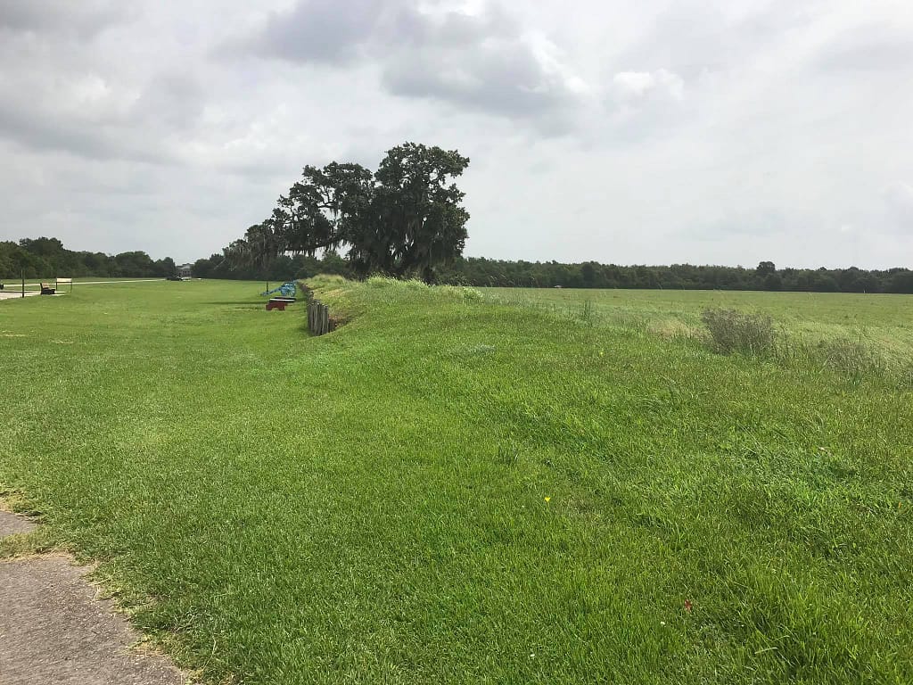 Battle of New Orleans, 08 January 1815. Looking north along the American lines. Remnants of the American earthworks and Rodriguez canal works can be seen.